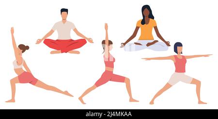 Gruppo di persone che praticano lo yoga. Calmare i giovani meditando e facendo esercizi di equilibrio. L'illustrazione vettoriale può essere usata per tranquillita', brochure, sp Illustrazione Vettoriale