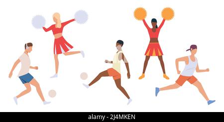 Set di giocatori e cheerleaders. Uomini che corrono con palle, ragazze che ballano con pomposi. L'illustrazione vettoriale può essere usata per concorrenza, promo, sport, te Illustrazione Vettoriale