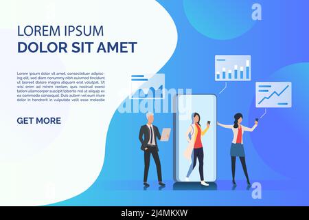 Persone con dispositivi elettronici statistiche vettore illustrazione. Gadget, connessione, internet. Concetto di tecnologia. Design creativo per layout, Web pag Illustrazione Vettoriale