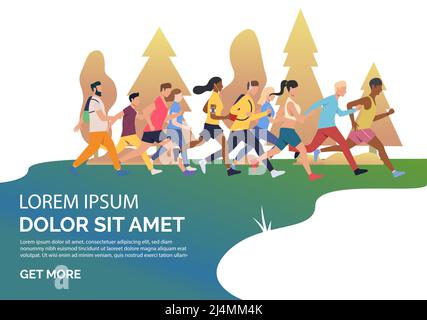 Diapositiva con illustrazione vettoriale della maratona in esecuzione. Concorrenza, gara, jogging. Concetto di sport. Progettazione di modelli di siti Web, poster, pres Illustrazione Vettoriale