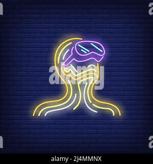 Uomo che indossa un cartello al neon per visore VR. Uomo che sperimenta la realtà virtuale su sfondo mattone muro. Illustrazione vettoriale in stile neon per cartelloni, volantini, Illustrazione Vettoriale