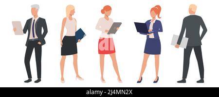 Insieme di specialisti aziendali che utilizzano i computer. Personaggi cartoni animati di uomini d'affari che lavorano al progetto. L'illustrazione vettoriale può essere usata per Illustrazione Vettoriale