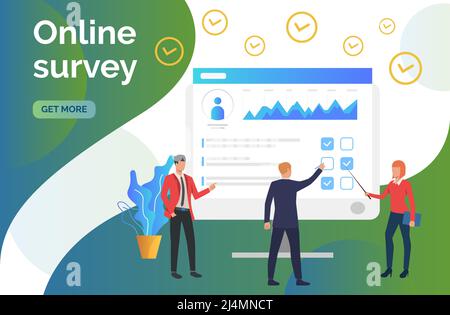 Persone al monitor computer con indagine. Test online, coaching, e-learning. Concetto di sondaggio online. L'illustrazione vettoriale può essere utilizzata per la presentazione sli Illustrazione Vettoriale