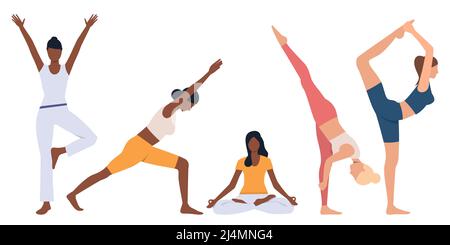 Set di donne flessibili che praticano lo yoga. Folla di personaggi fumettisti femminili che fanno esercizi. Illustrazione vettoriale per presentazione, sport, attività Illustrazione Vettoriale