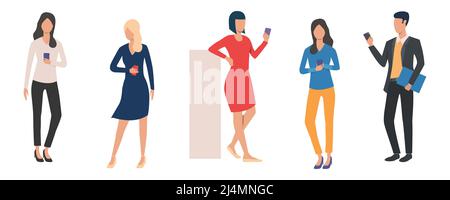Set di uomo e donna con smartphone. Gruppo di persone che utilizzano il dispositivo mobile per la comunicazione. Illustrazione vettoriale dei caratteri cartoni animati per commercc Illustrazione Vettoriale
