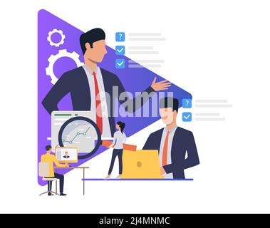 Uomini d'affari che lavorano e che danno compiti. Boss, manager, tecnologia moderna, ufficio, testo di esempio. Concetto aziendale. Illustrazione vettoriale per poster, pre Illustrazione Vettoriale