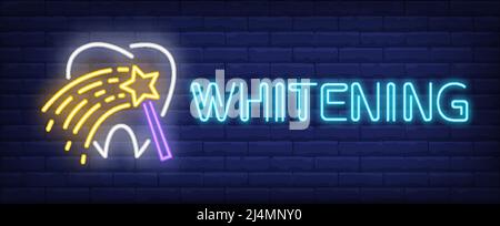 Testo al neon sbiancante con dentino e bacchetta magica. Stomatologia e disegno di pubblicità clinica dentale. Insegna al neon notturna, cartellone colorato, divieto di luce Illustrazione Vettoriale