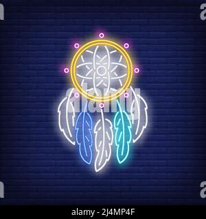 Cartello al neon Dream Catcher. Design di concetto di cultura nativa americana. Insegna al neon notturna, cartellone colorato, banner chiaro. Illustrazione vettoriale in neon Illustrazione Vettoriale