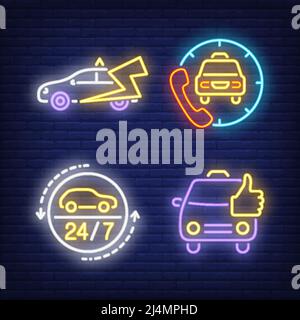 Chiamata taxi taxi taxi al neon segnaletica set. Trasporto, veicolo, disegno turistico. Insegna al neon notturna, cartellone colorato, banner chiaro. Illustratio vettoriale Illustrazione Vettoriale