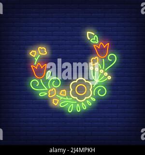 Cartello al neon con corona di fiori semitonda. Design con logo floreale. Insegna al neon notturna, cartellone colorato, banner chiaro. Illustrazione vettoriale in stile neon. Illustrazione Vettoriale