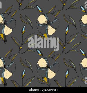 Doodle fiori motivo grigio scuro sfondo. Illustrazione vettoriale Illustrazione Vettoriale