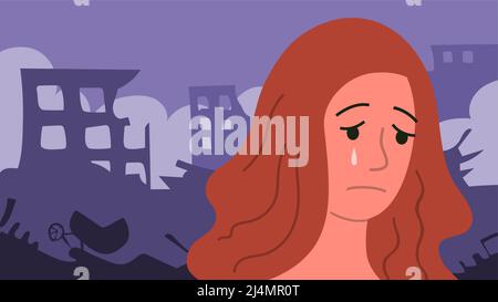 Una donna sta piangendo di fronte a una città in rovina. Le terribili conseguenze della guerra, del terremoto e del disastro naturale. Panorama paesaggio con rovina distrutta Illustrazione Vettoriale