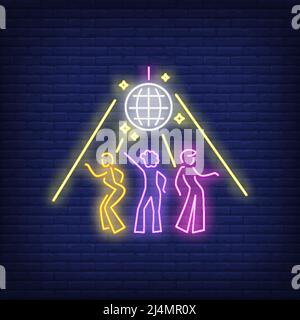 Cartello al neon per night club. Gente che balla al neon e discoteca sullo sfondo di una parete di mattoni. L'illustrazione vettoriale può essere usata per gli argomenti come il randello notturno, Illustrazione Vettoriale