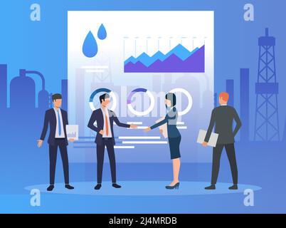 Partner commerciali che lavorano e discutono di problemi, diagrammi. Negoziazione, gestione, concetto di industria petrolifera. L'illustrazione vettoriale può essere utilizzata per gli argomenti Illustrazione Vettoriale