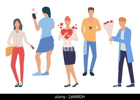 Gruppo di persone in attesa. Giovani uomini e donne in piedi, con smartphone, con un mazzo di fiori o cuore rosso. Concetto di persone. Illustrazione del vettore CAN Illustrazione Vettoriale