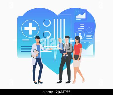 Famiglia con bambino visita medico vettore illustrazione. Cartella clinica, assistenza sanitaria, esame medico. Concetto di salute familiare. Design creativo per layout, noi Illustrazione Vettoriale