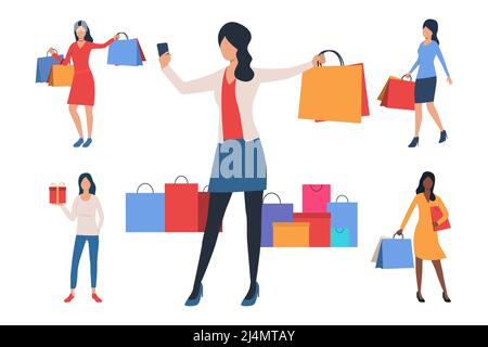 Collezione di giovani donne con borse shopping. Personaggi cartoni animati piatti che mostrano gli acquisti. Può essere utilizzato per pubblicità, poster, cartelloni Illustrazione Vettoriale