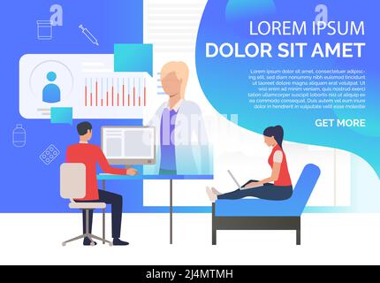 Uomo e donna che guardano le carte mediche online vettore illustrazione. Sito web medico, medico online, assicurazione sanitaria. Concetto di app mediche. Progettare per pre Illustrazione Vettoriale