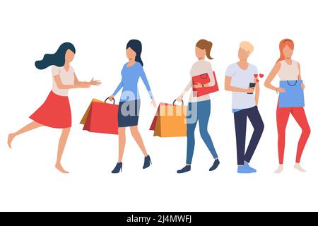 Set di acquirenti. Le donne che tengono i sacchetti di shopping, l'uomo che usa il telefono. Concetto di shopping. L'illustrazione vettoriale può essere usata per gli argomenti come la vendita o l'offerta speciale Illustrazione Vettoriale