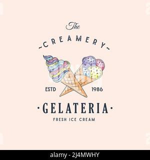 Logo gelato. Emblema gelato italiano. Gelato in un cono di cialda con lettere in cerchio. Illustrazione Vettoriale