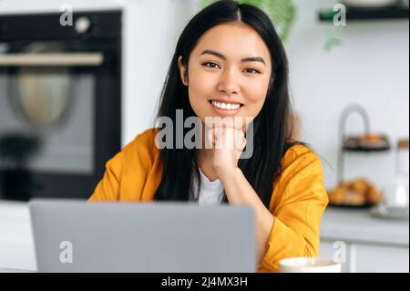 Primo piano di bella bruna asiatica positiva ragazza, designer, freelancer o studente, si siede in cucina con un laptop, lavorando o studiare a distanza, guardando la macchina fotografica, sorridente amichevole Foto Stock