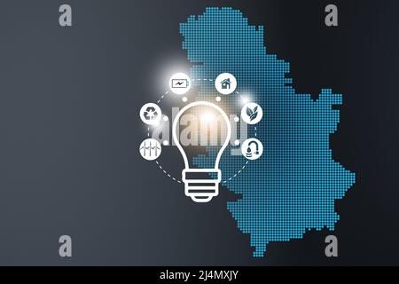 Innovazione energetica con il futuro settore della generazione di energia icone interfaccia grafica. Mappa interattiva della Serbia su sfondo blu Foto Stock