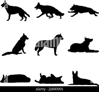 Silhouette nere di cani su sfondo bianco. Immagine vettoriale. Illustrazione Vettoriale