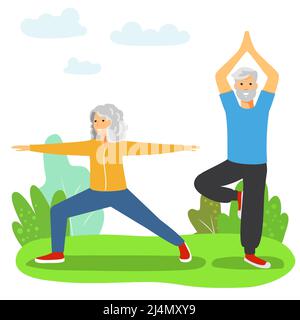 Persone anziane che fanno sport Flat vettore illustrazioni concetto Old coppia pensionati che praticano esercizi Illustrazione Vettoriale