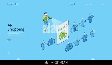 Pagina di destinazione isometrica AR shopping. Tecnologie di realtà aumentata, app smart per telefono cellulare con catalogo di abbigliamento virtuale. Uomo cliente scegliere Illustrazione Vettoriale