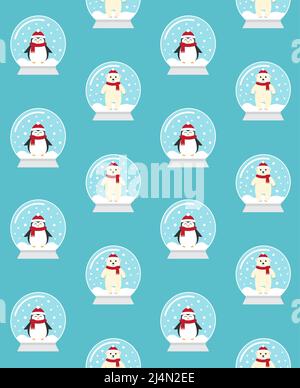 Vettore senza cuciture pattern di palla da neve cartoon piatto con orso polare e pinguino isolato su sfondo blu Illustrazione Vettoriale