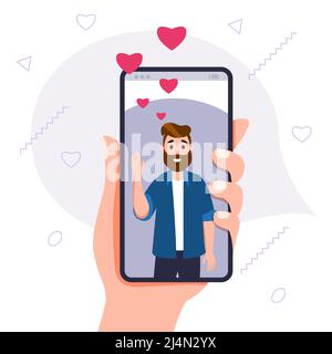 Concetto di applicazione di datazione. Chat sullo schermo con messaggi sul telefono conversazione online con messaggio di testo concetto di illustrazione vettoriale Illustrazione Vettoriale