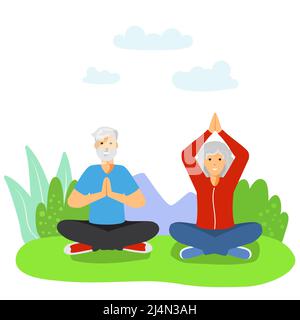 Persone anziane che fanno lo sport flat vettoriale illustrazioni concetto. Vecchi pensionati di coppia che praticano esercizi Illustrazione Vettoriale