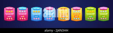 Schede di gioco con punteggio di livello, vinci e perdi banner per interfaccia utente. Set di cartoni animati vettoriali di pannelli colorati con risultati di livello, punteggio, stelle d'oro, Illustrazione Vettoriale
