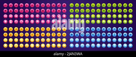 Set di pulsanti per l'interfaccia di gioco o app, elementi di progettazione dell'interfaccia utente del menu. Tasti utente freccia, ingranaggio, pausa e campana di notifica, riproduzione, zoom, impostazioni, messaggio Illustrazione Vettoriale