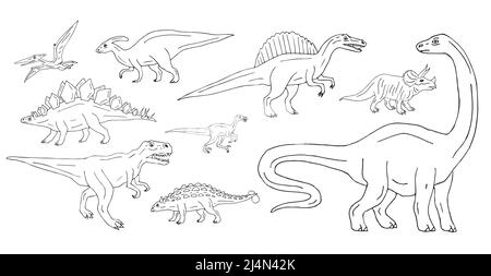 Set vettoriale di dinosauri disegnati a mano su sfondo bianco Illustrazione Vettoriale