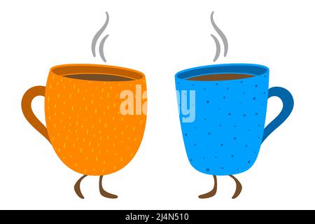 Due tazze arancioni e blu che camminano con le gambe e riempiti di caffè caldo o tè, personaggio cartoon divertente illustrazione vettoriale. Illustrazione Vettoriale