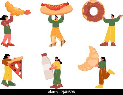 Personaggi minuscoli con enormi fast food, prodotti da forno e bottiglie di bevande. Persone isolate con gamberi fritti, hot dog, ciambelle, pizza e croissant. Fast food Festiva Illustrazione Vettoriale