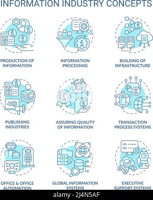 Set di icone del concetto turchese dell'industria dell'informazione Illustrazione Vettoriale