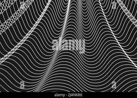 Linee d'onda bianche su terreno nero, sfondo astratto minimo, sfondo con linee geometriche Illustrazione Vettoriale