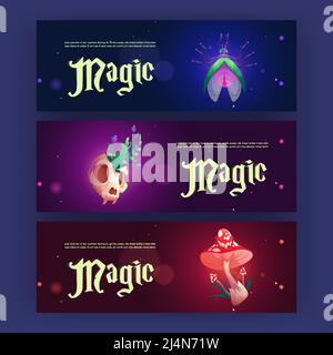 Cartoon magic banner con strega o wizard elementi esoterici pinned fly, cranio animale con pianta e mosca fungo agarico. Sfondo per l'interfaccia di gioco, Illustrazione Vettoriale