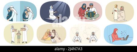 Collezione di persone arabe in abiti tradizionali vita quotidiana. Insieme di uomini e donne arabi mostrano diversità culturale e naturale. Etnia musulmana e religione islamica. Illustrazione vettoriale. Illustrazione Vettoriale