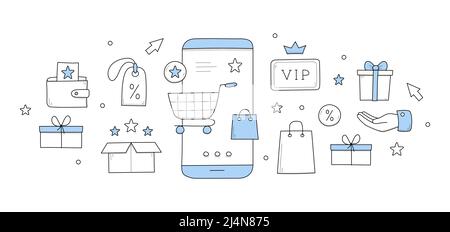 Il programma fedeltà premia il concetto di doodle con carrello per lo shopping sullo schermo dello smartphone. Applicazione mobile per clienti vip, confezione regalo, mano, segno di percentuale, s Illustrazione Vettoriale