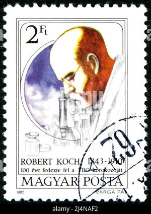 UNGHERIA - CIRCA 1982: Francobollo stampato in Ungheria, con ritratto di un batteriologo e microbiologo tedesco - Robert Koch, circa 1982 Foto Stock
