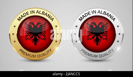Set di etichette e grafica Made in Albania. Alcuni elementi di impatto per l'uso che si desidera fare di esso. Illustrazione Vettoriale