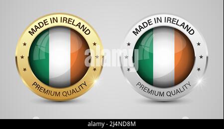 Set di etichette e grafica Made in Ireland. Alcuni elementi di impatto per l'uso che si desidera fare di esso. Illustrazione Vettoriale