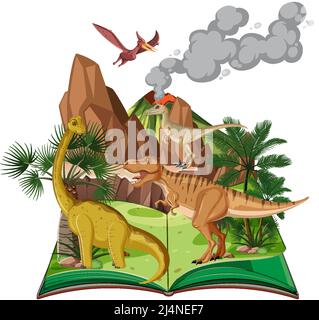 Scena con molti dinosauri in illustrazione foresta Illustrazione Vettoriale