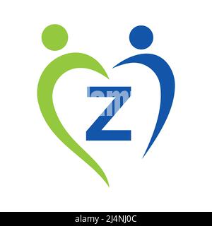 Logo Community Care sul modello vettoriale lettera Z. Lavoro di squadra, cuore, persone, cura della famiglia, Logo di Amore. Fondazione di beneficenza Creative Charity Donation Sign Illustrazione Vettoriale