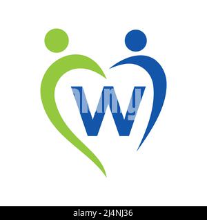 Logo Community Care su modello vettoriale lettera W. Lavoro di squadra, cuore, persone, cura della famiglia, Logo di Amore. Fondazione di beneficenza Creative Charity Donation Sign Illustrazione Vettoriale
