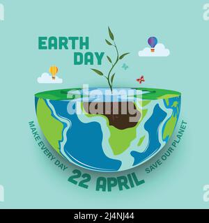 Giornata della Terra. Illustrazione del banner del giorno della Terra felice per la celebrazione della protezione ambientale. Illustrazione vettoriale. Cura della natura. Illustrazione Vettoriale