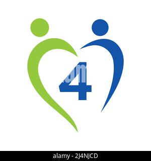 Logo Community Care sul modello vettoriale Letter 4. Lavoro di squadra, cuore, persone, cura della famiglia, Logo di Amore. Fondazione di beneficenza Creative Charity Donation Sign Illustrazione Vettoriale